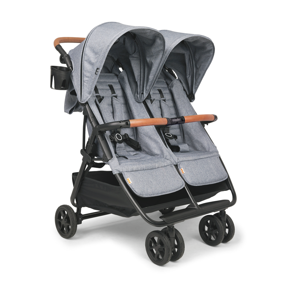 Double travel stroller in grey with wooden handlebars, perfect for families with two young children.
