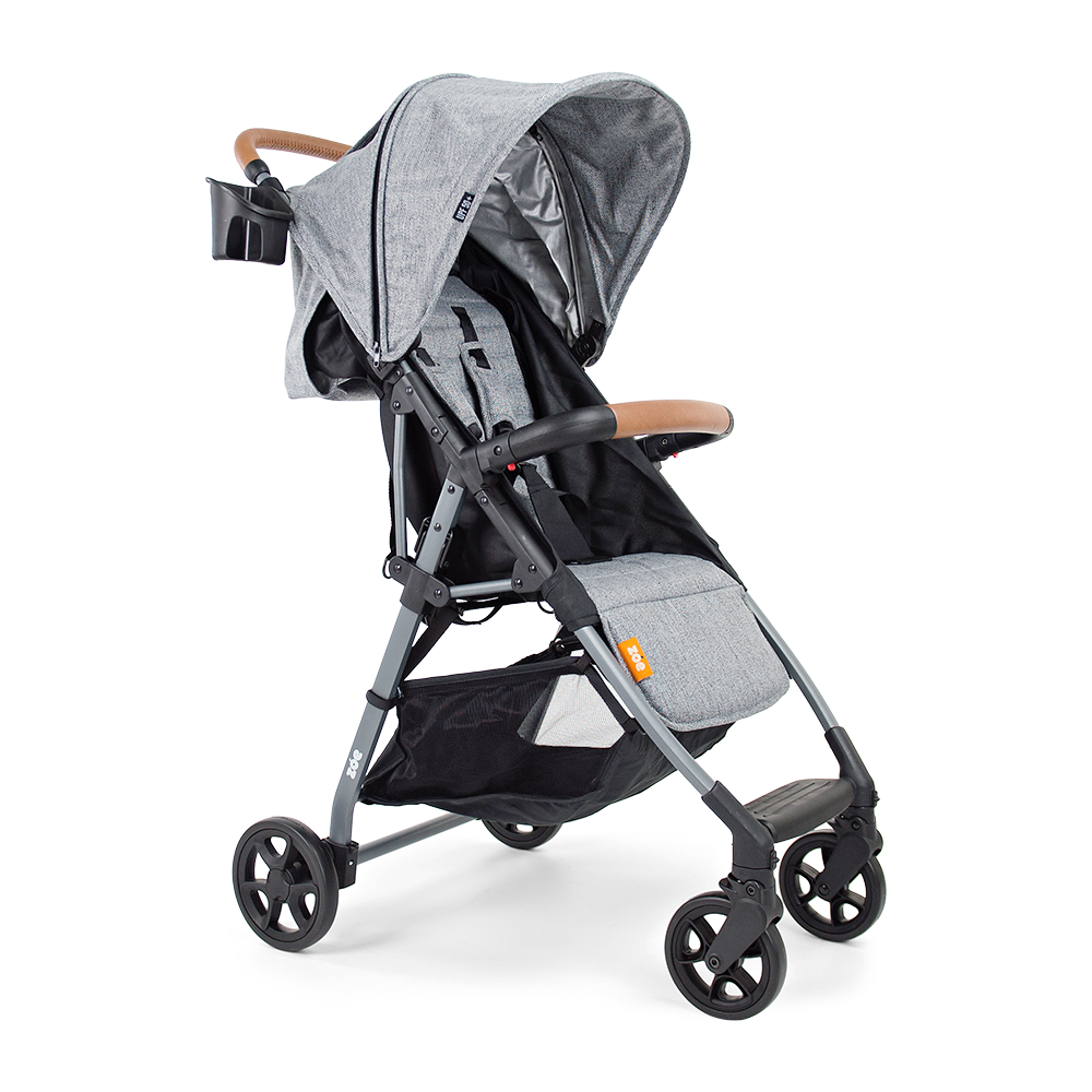 Stylish grey stroller with brown accents, combining functionality with a modern aesthetic.
